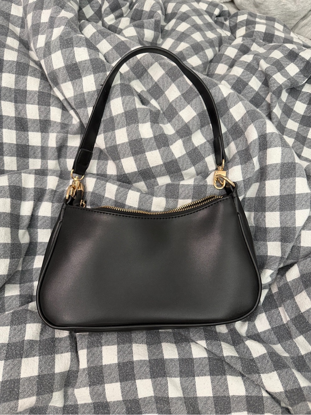 Black Leather Shoulder Bag with Gold Hardware